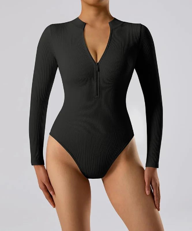 Ribbed Zipper Long Sleeves Bodysuit