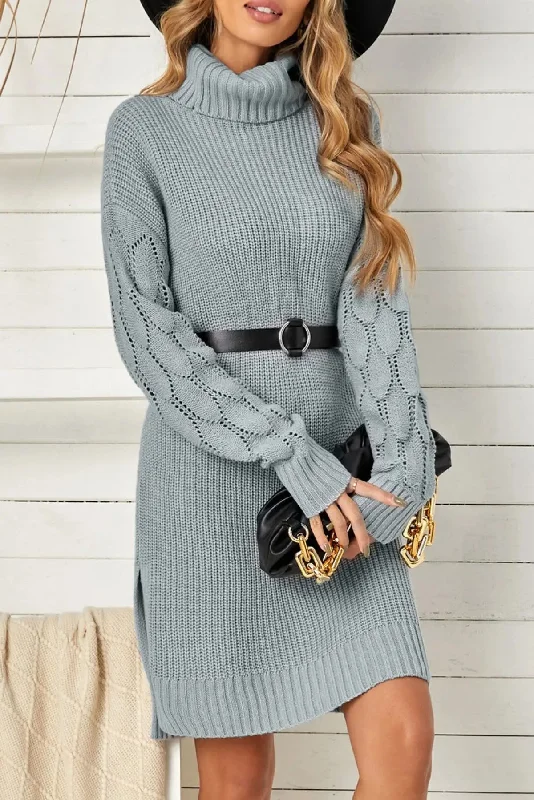 Plain Turtleneck Sweater Dress With Slits