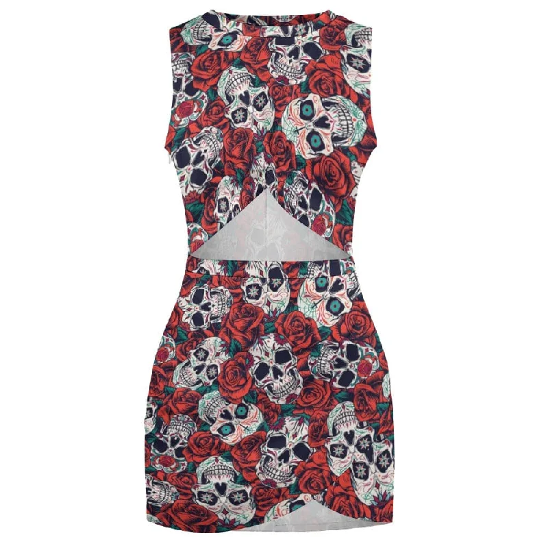 Red Floral Skulls Navel-Baring Sleeveless Dress