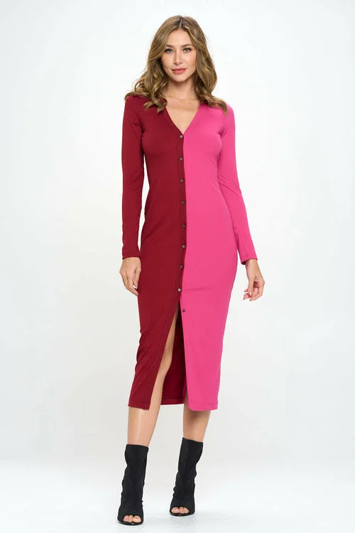 Rib Color Block Cardigan Midi Dress