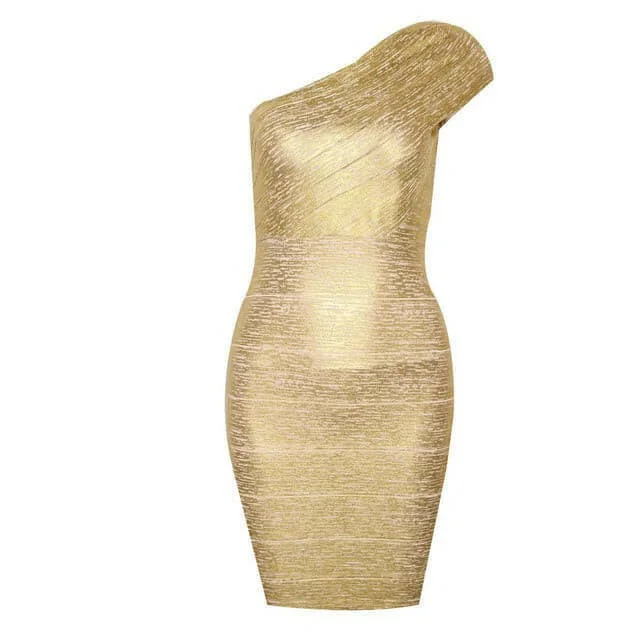 Sexy One-Shoulder Gold Bandage Dress Bodycon Club Party Prom Glitter Dress