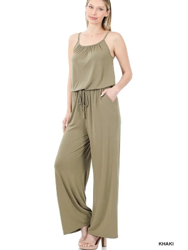 SPAGHETTI STRAP JUMPSUIT WITH POCKET KHAKI