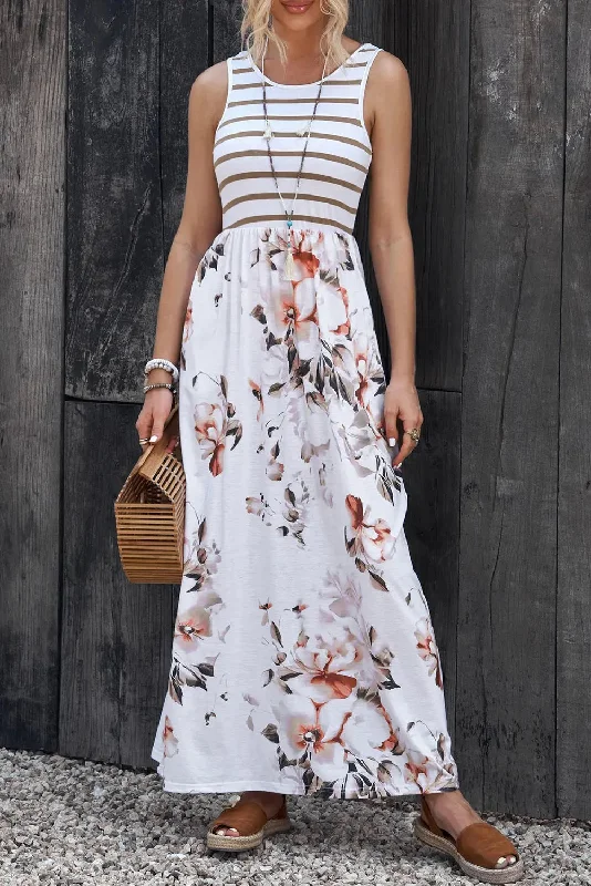 Stripes and Floral Print Floor Length Dress