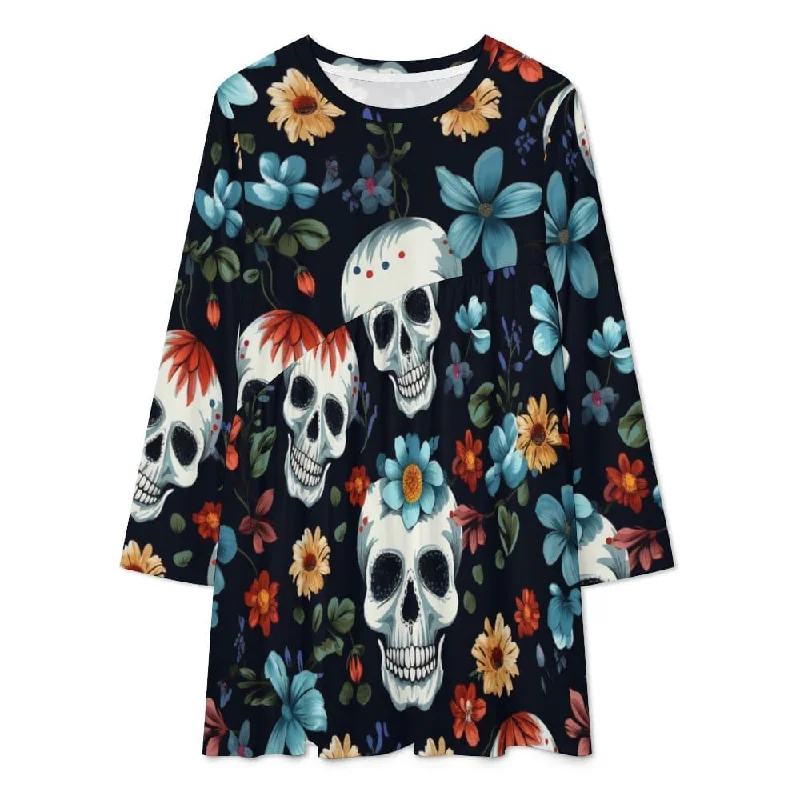 Long Sleeve Skulls Floral Long Sleeve Patchwork T-shirt Dress