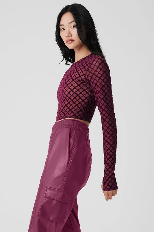 Mesh Plaid Cropped Long Sleeve Top - Wild Berry