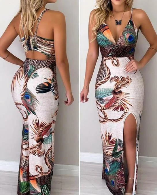 Women Peacock Feather Print Thigh Slit Slip Dress Maxi Dress Party Summer Dress