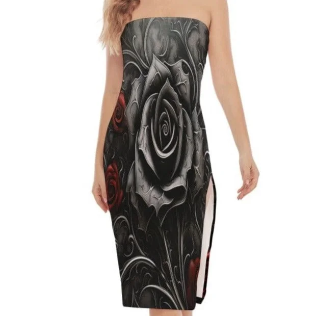 Women's Black & Red Roses Side Split Tube Top Dress