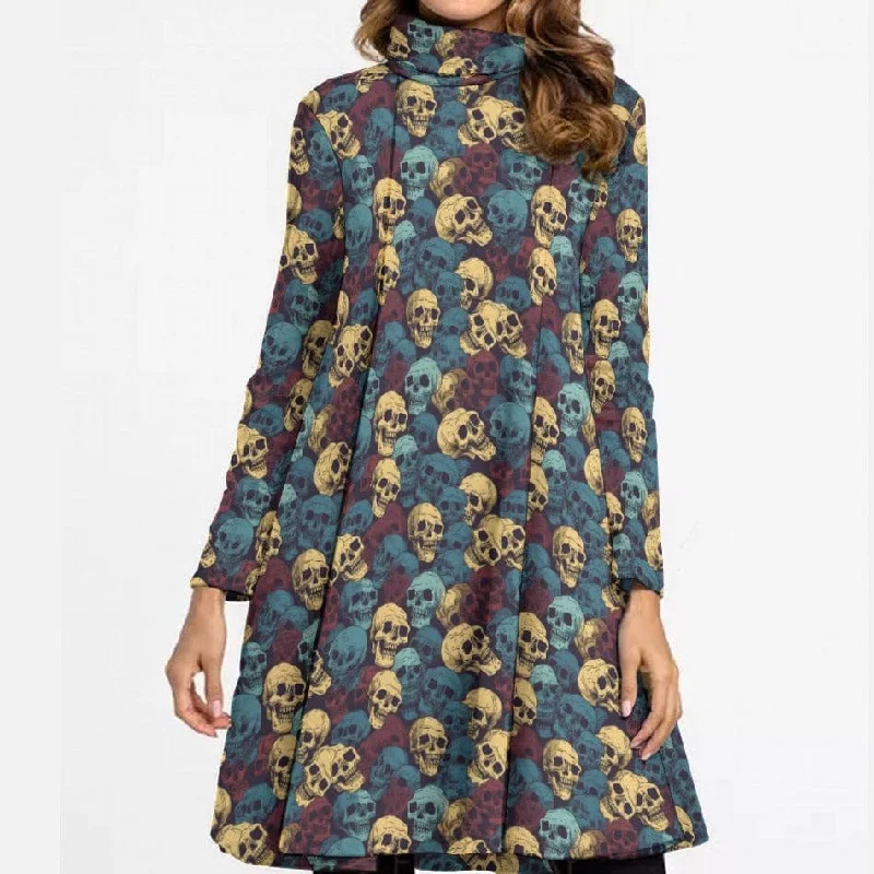 Women's Blue Beigh Skulls Turtle Neck Dress With Long Sleeve