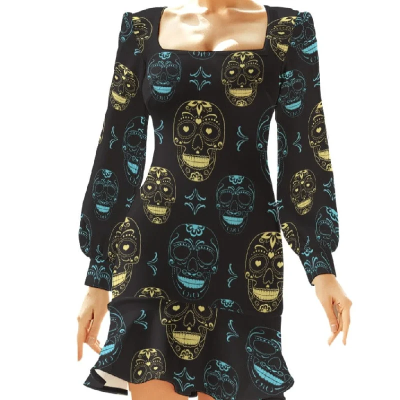 Women's blue & Gold Skulls Ruffle Hem Long Sleeve Dress