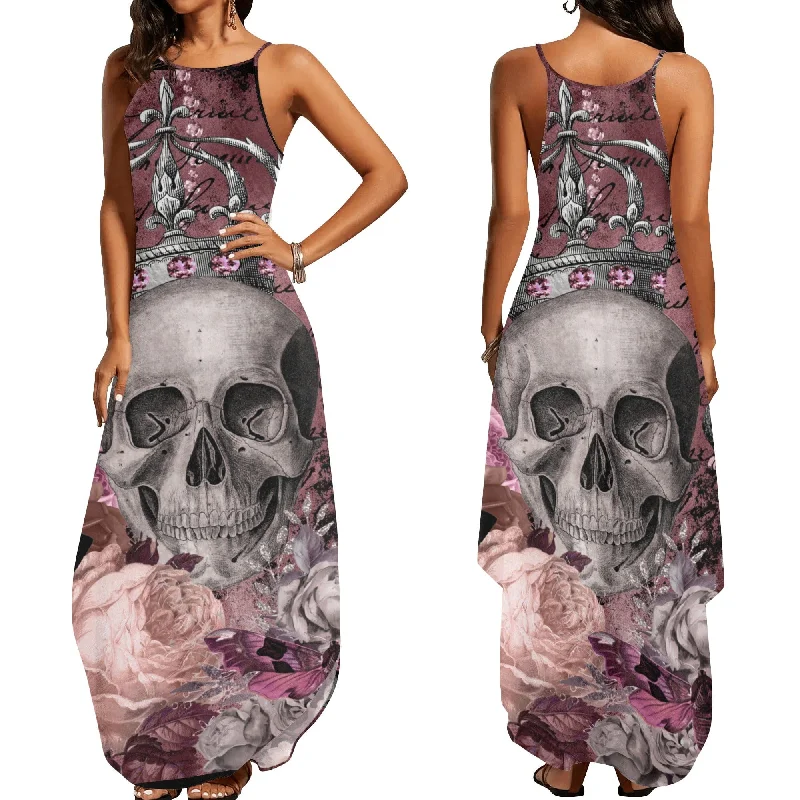 Women's Elegant Sleeveless Purple Skull Crown Floral Dress