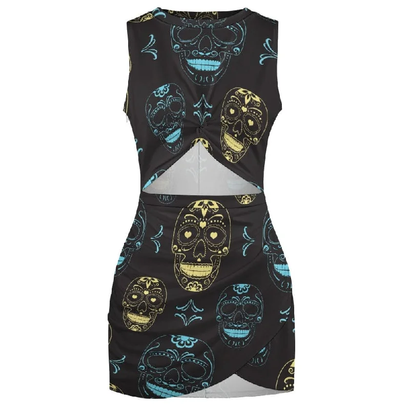 Women's Navel-Baring Bkue And Gold Skulls On Black Dress