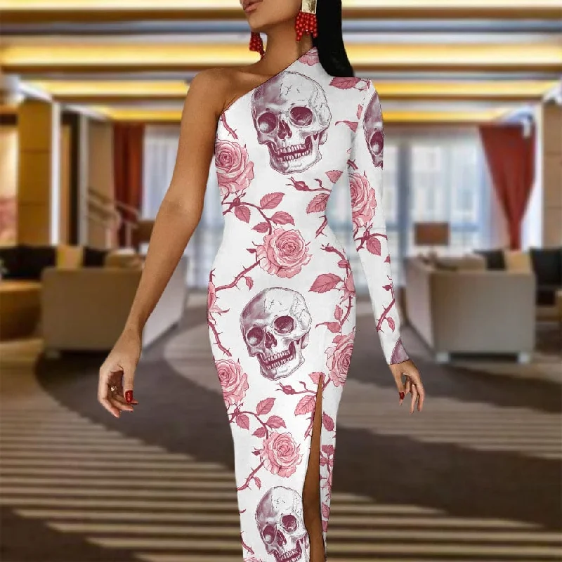 Women's Pink Roses Skulls Half Sleeve Slit Dress