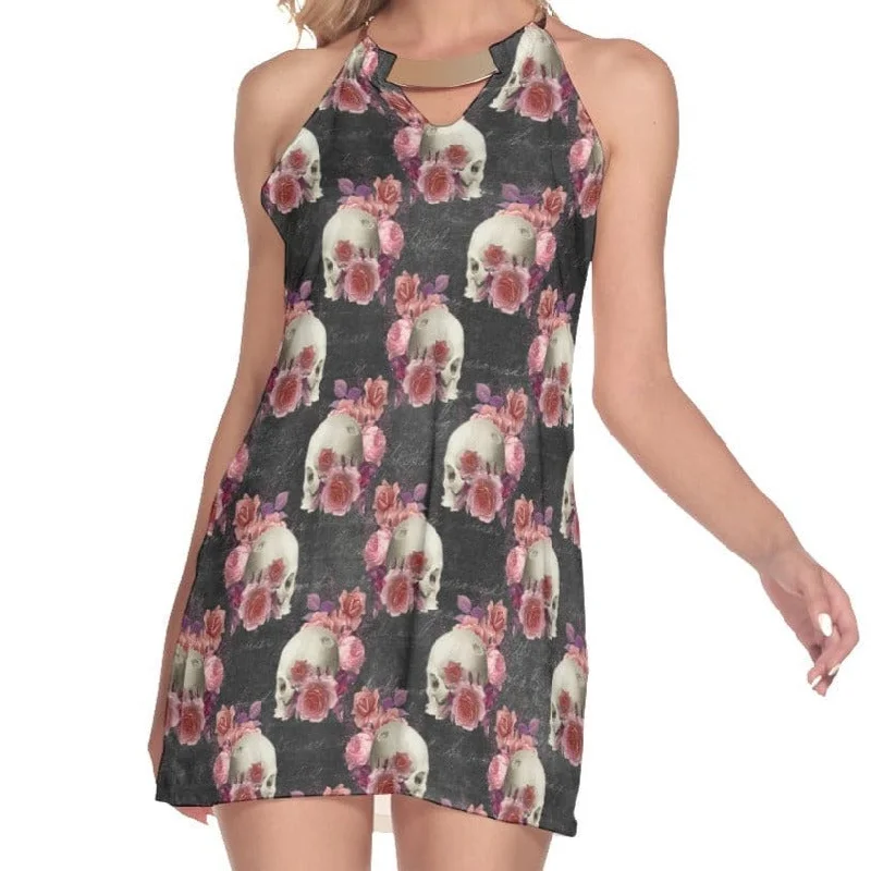 Women's Pink Skulls Floral Round Neck Above Knee Dress