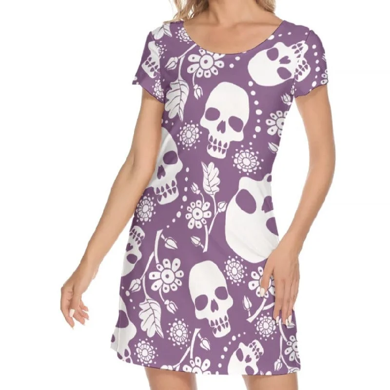 Women's Purple With White Skulls Short Sleeve O-neck Dress