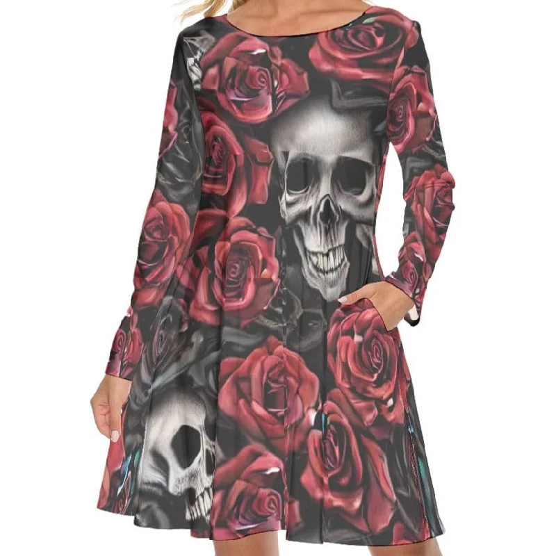 Women's Red Roses & Skulls Crew Neck Long Sleeve Dress