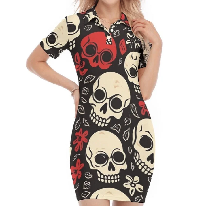 Women's Red Skulls Polo Collar Short Sleeve Dress