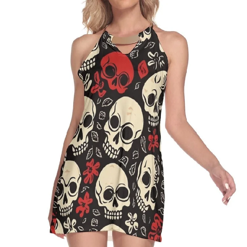 Women's Red White Skulls Round Neck Above Knee Sleeveless Dress