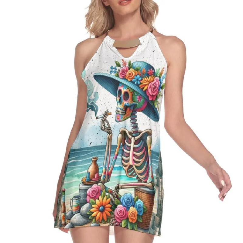 Women's Skeleton On The Beach Round Neck Above Knee Dress