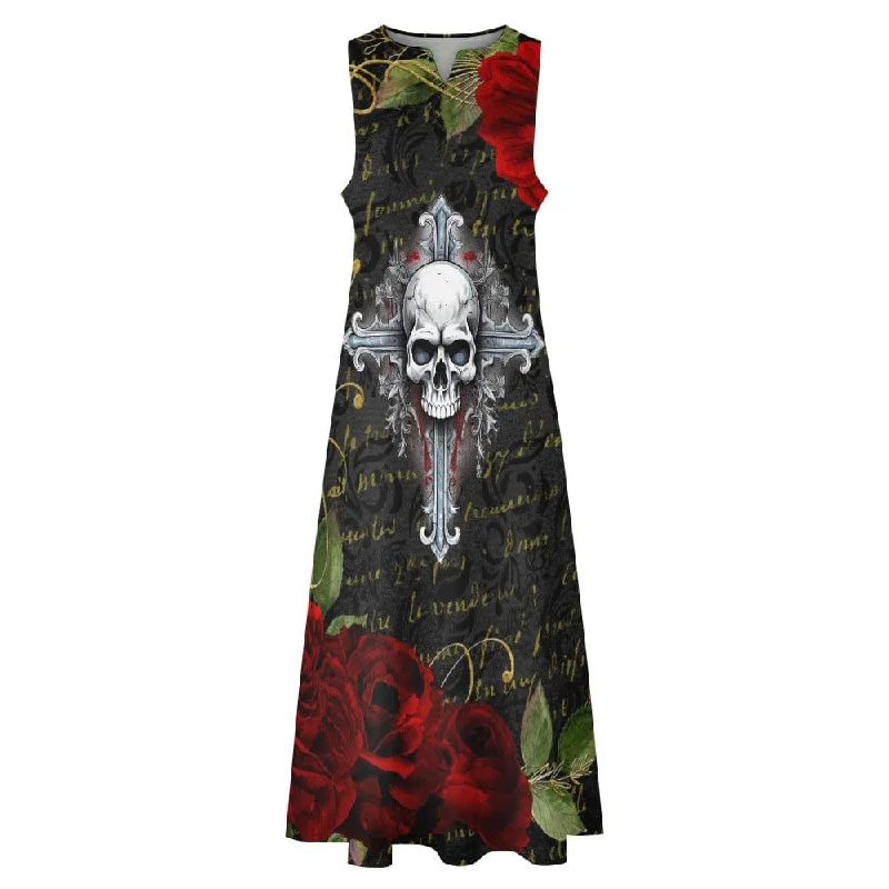 Women's Skull Cross Red Roses Long Gothic Dress