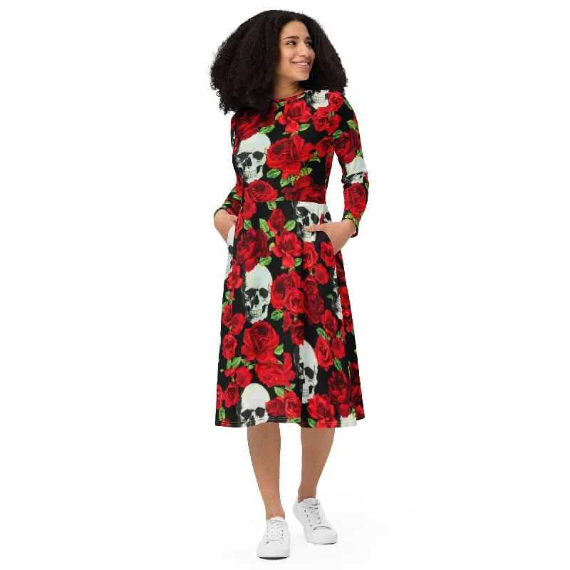 Women's Skull Red Floral Roses Long Sleeve Midi Dress