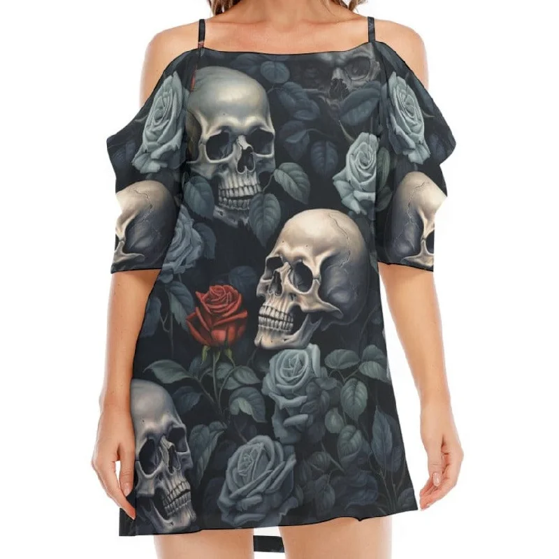 Women's Skulls Blue Flower Red Rose Off-shoulder Cami Dress