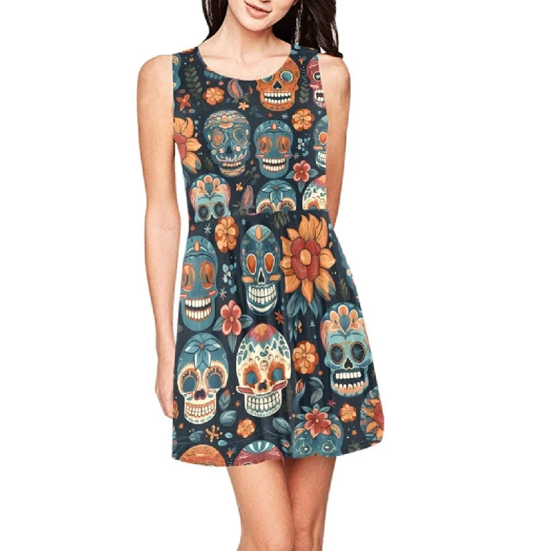 Women's Skulls Flower Sleeveless Skater Dress