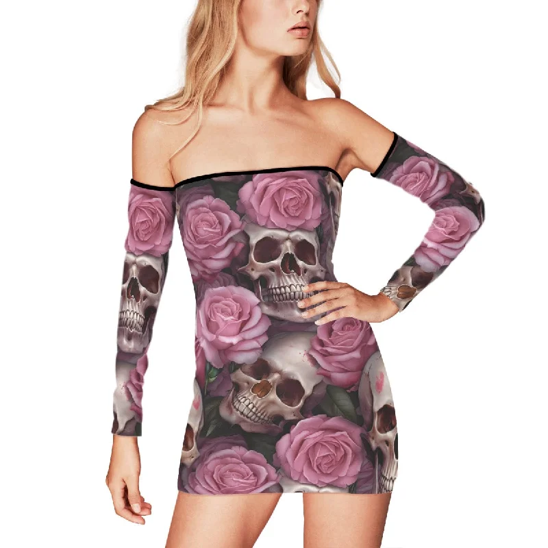 Women's Skulls & Roses Off-shoulder Back Lace-up Dress