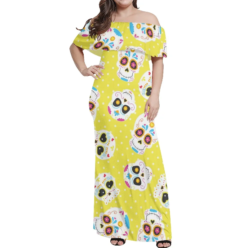 Women's Sugar Skull Yellow Off-shoulder Long Dress