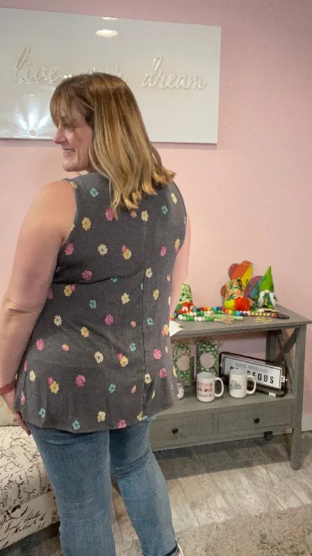 Grey Babydoll Tank with Flowers