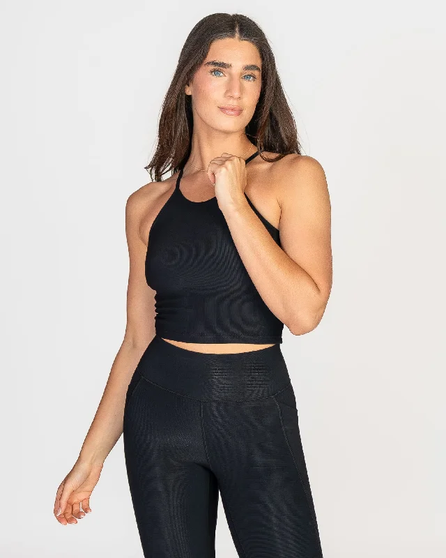 Ribbed Thin Strap Crop Tank - Black