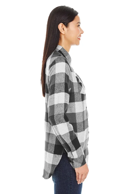 Burnside Womens Boyfriend Flannel Long Sleeve Button Down Shirt w/ Double Pockets - Black