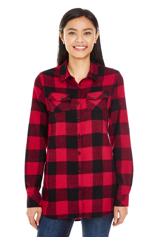 Burnside Womens Boyfriend Flannel Long Sleeve Button Down Shirt w/ Double Pockets - Red/Black