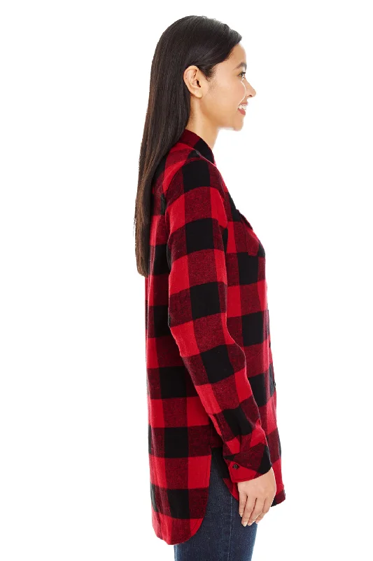 Burnside Womens Boyfriend Flannel Long Sleeve Button Down Shirt w/ Double Pockets - Red/Black