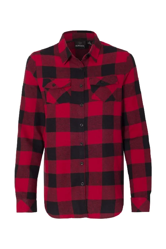 Burnside Womens Boyfriend Flannel Long Sleeve Button Down Shirt w/ Double Pockets - Red/Black