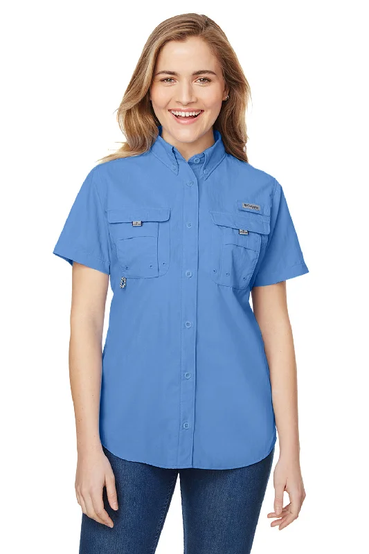 Columbia Womens Bahama Moisture Wicking Short Sleeve Button Down Shirt w/ Double Pockets - White Cap Blue