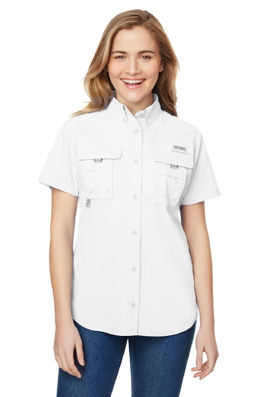 Columbia Womens Bahama Moisture Wicking Short Sleeve Button Down Shirt w/ Double Pockets - White