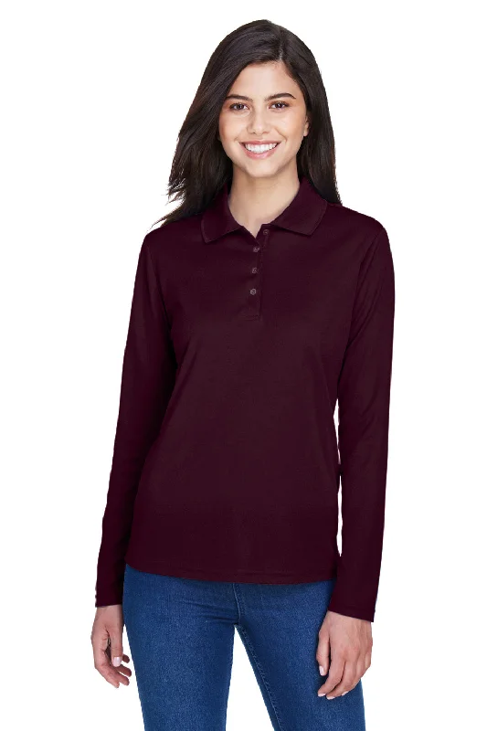 Core 365 Womens Pinnacle Performance Moisture Wicking Long Sleeve Polo Shirt - Burgundy