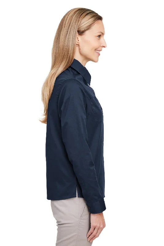 Harriton Womens Advantage Wrinkle Resistant Long Sleeve Button Down Shirt w/ Double Pockets - Dark Navy Blue