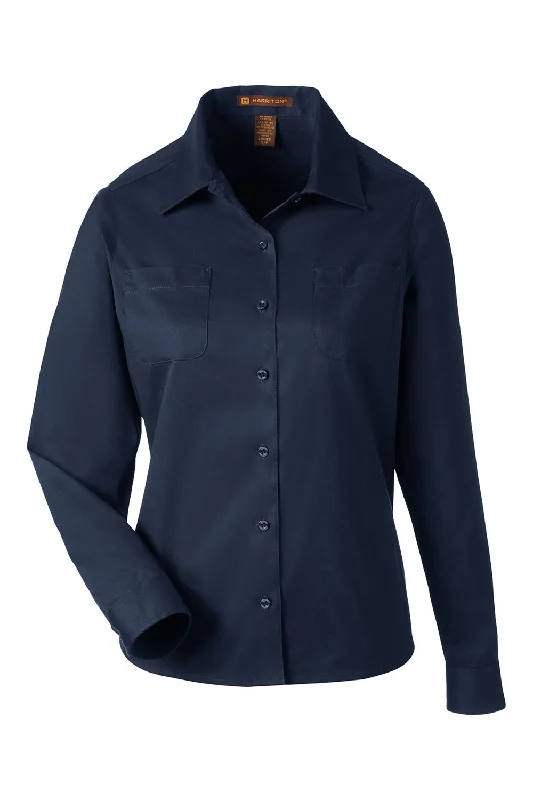 Harriton Womens Advantage Wrinkle Resistant Long Sleeve Button Down Shirt w/ Double Pockets - Dark Navy Blue