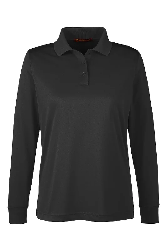 Harriton Womens Advantage Performance Moisture Wicking Long Sleeve Polo Shirt - Black