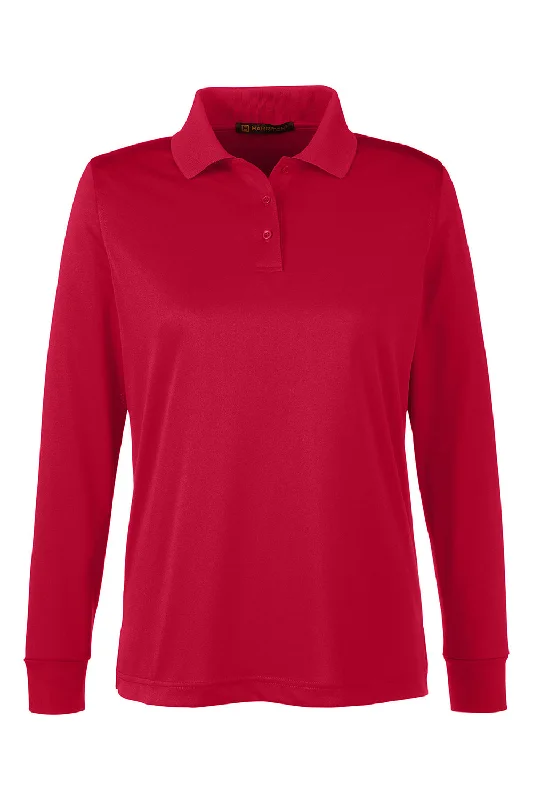 Harriton Womens Advantage Performance Moisture Wicking Long Sleeve Polo Shirt - Red