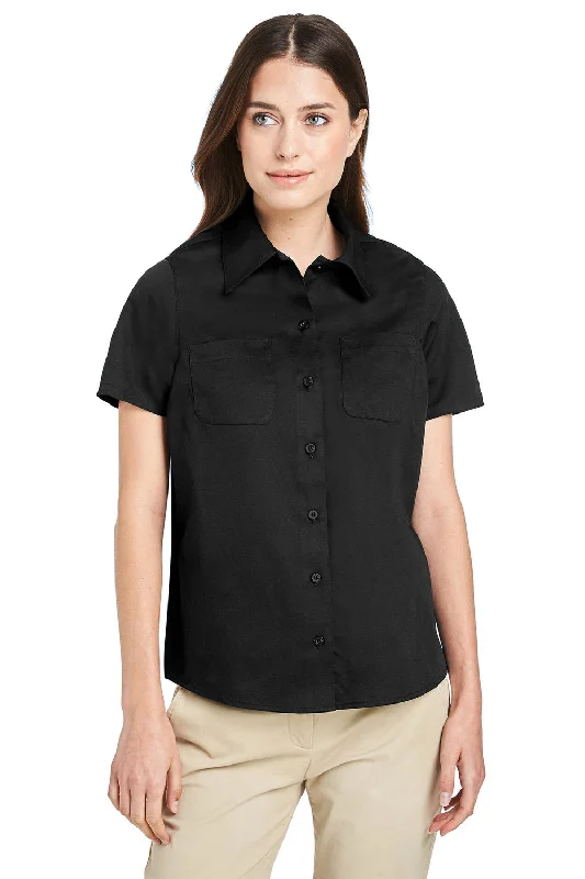 Harriton Womens Advantage Wrinkle Resistant Short Sleeve Button Down Shirt w/ Double Pockets - Black