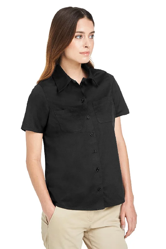 Harriton Womens Advantage Wrinkle Resistant Short Sleeve Button Down Shirt w/ Double Pockets - Black