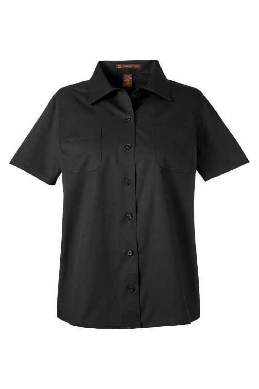 Harriton Womens Advantage Wrinkle Resistant Short Sleeve Button Down Shirt w/ Double Pockets - Black