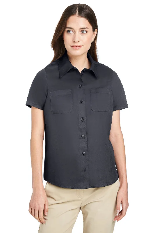 Harriton Womens Advantage Wrinkle Resistant Short Sleeve Button Down Shirt w/ Double Pockets - Dark Charcoal Grey