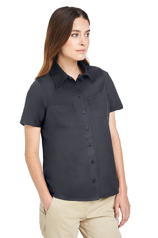 Harriton Womens Advantage Wrinkle Resistant Short Sleeve Button Down Shirt w/ Double Pockets - Dark Charcoal Grey