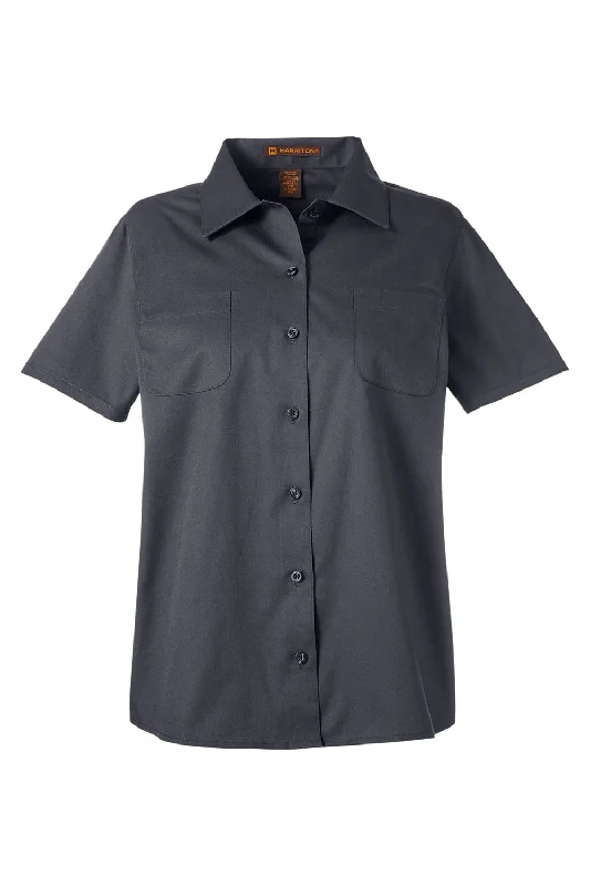 Harriton Womens Advantage Wrinkle Resistant Short Sleeve Button Down Shirt w/ Double Pockets - Dark Charcoal Grey