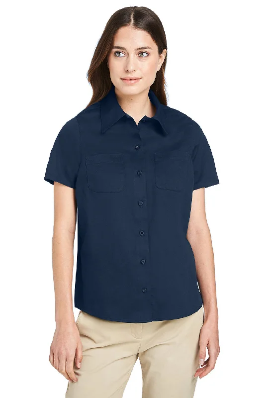 Harriton Womens Advantage Wrinkle Resistant Short Sleeve Button Down Shirt w/ Double Pockets - Dark Navy Blue