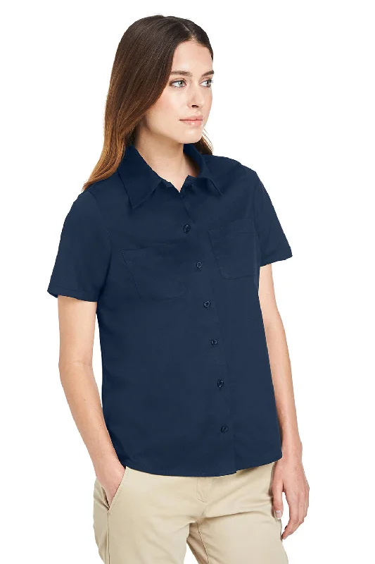 Harriton Womens Advantage Wrinkle Resistant Short Sleeve Button Down Shirt w/ Double Pockets - Dark Navy Blue