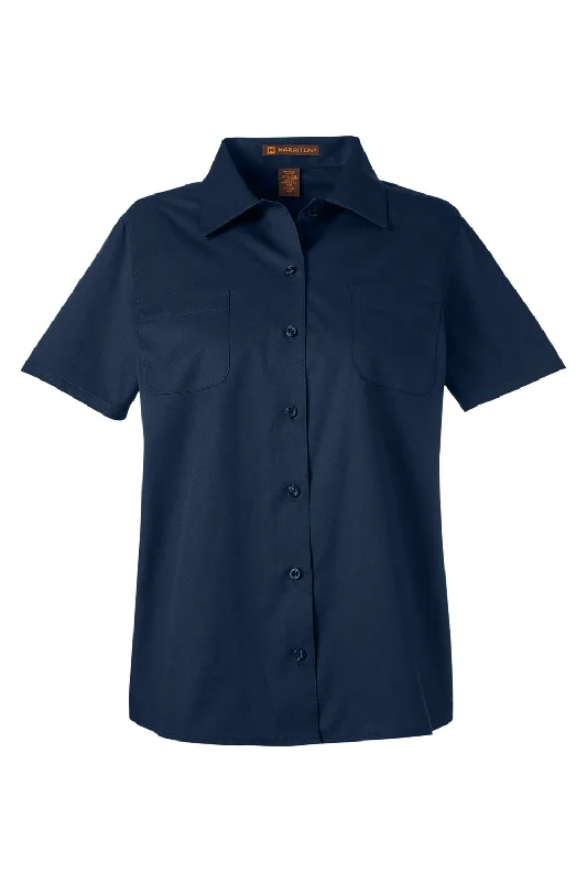 Harriton Womens Advantage Wrinkle Resistant Short Sleeve Button Down Shirt w/ Double Pockets - Dark Navy Blue